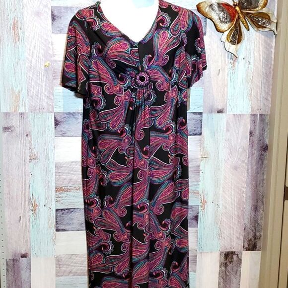 Catherines 0X Black Multicolor Paisley Slipover Maxi Dress Stretch 524 - Picture 1 of 10